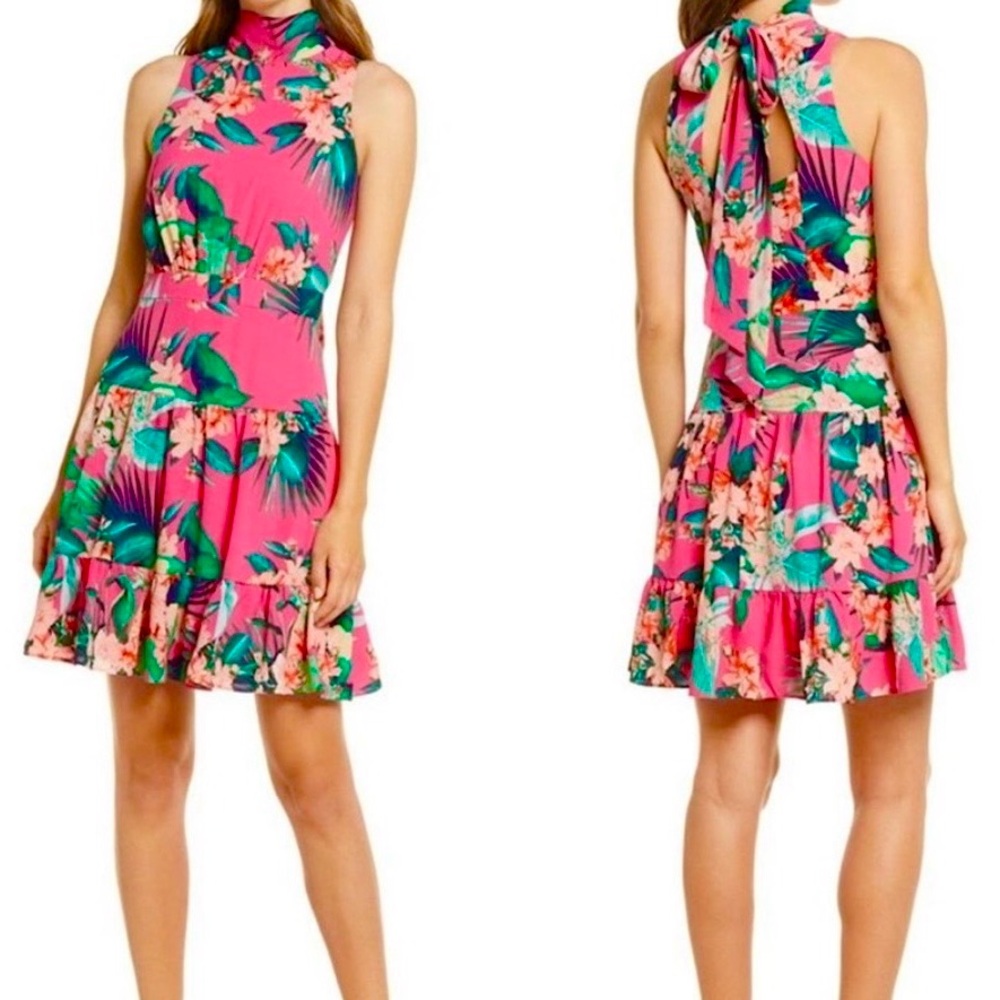 Eliza j pink tropical sleeveless tie neck dress